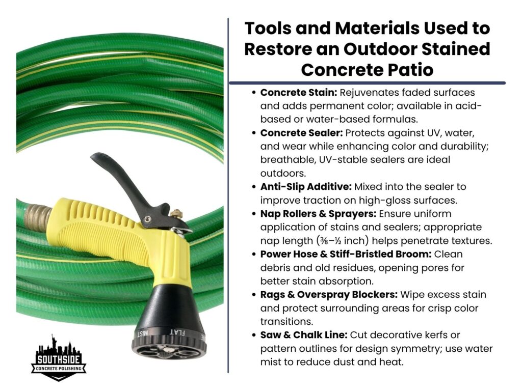 Tools and Materials Used to Restore an Outdoor Stained Concrete Patio
